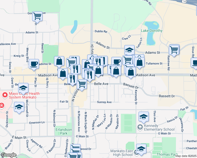 map of restaurants, bars, coffee shops, grocery stores, and more near 1521 Madison Avenue in Mankato