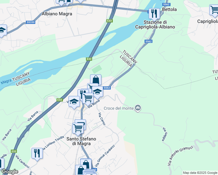 map of restaurants, bars, coffee shops, grocery stores, and more near 14 Via Vaggia in Santo Stefano di Magra