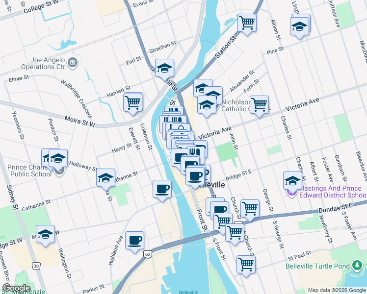 map of restaurants, bars, coffee shops, grocery stores, and more near 9 Victoria Avenue in Belleville