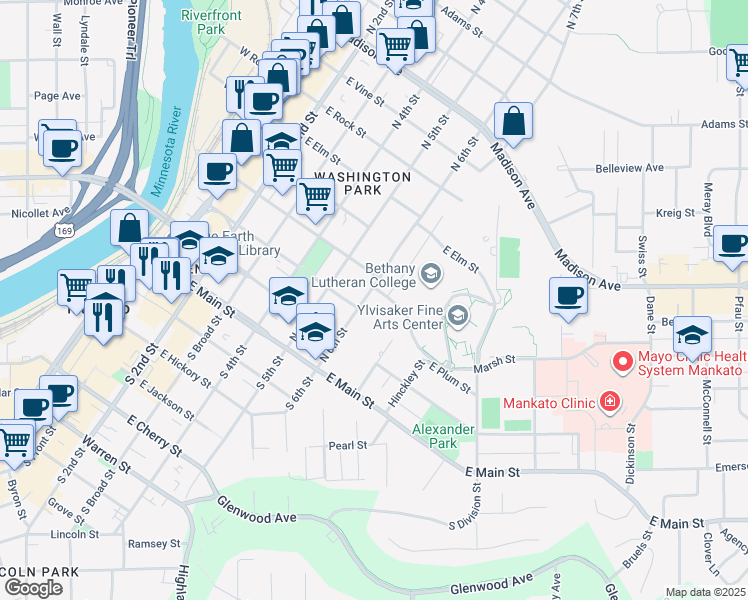 map of restaurants, bars, coffee shops, grocery stores, and more near 227 North 6th Street in Mankato