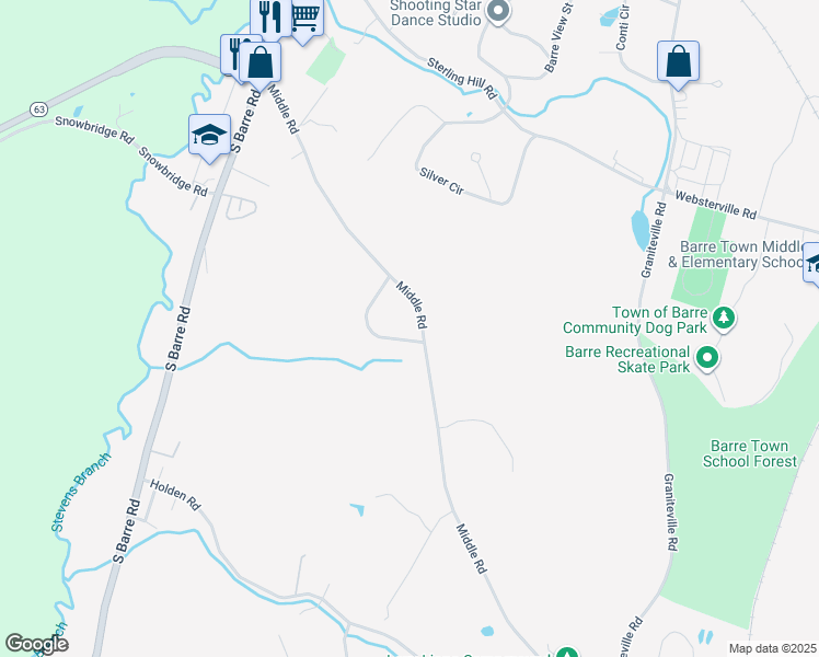 map of restaurants, bars, coffee shops, grocery stores, and more near 120 Middle Road in Barre