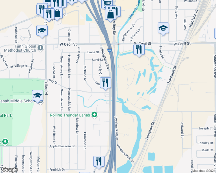 map of restaurants, bars, coffee shops, grocery stores, and more near 913 Gay Drive in Neenah