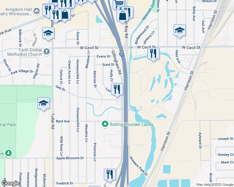 map of restaurants, bars, coffee shops, grocery stores, and more near 913 Gay Drive in Neenah