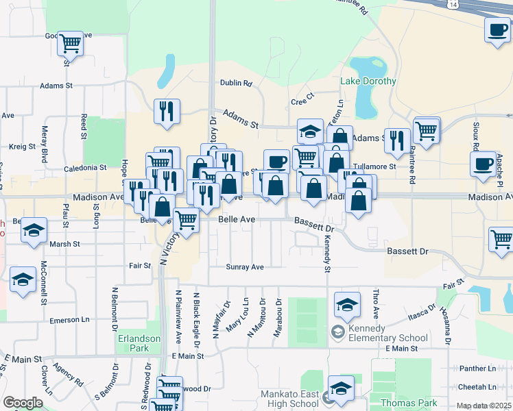 map of restaurants, bars, coffee shops, grocery stores, and more near 1000 Belle Avenue in Mankato