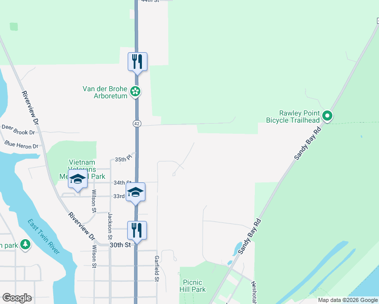 map of restaurants, bars, coffee shops, grocery stores, and more near 3618 Pierce Court in Two Rivers