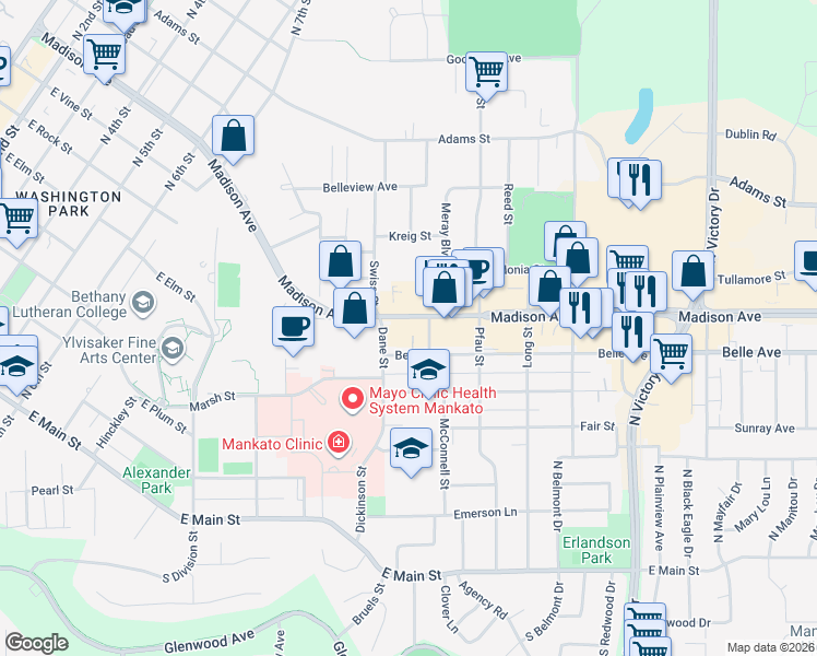 map of restaurants, bars, coffee shops, grocery stores, and more near 931 Madison Avenue in Mankato