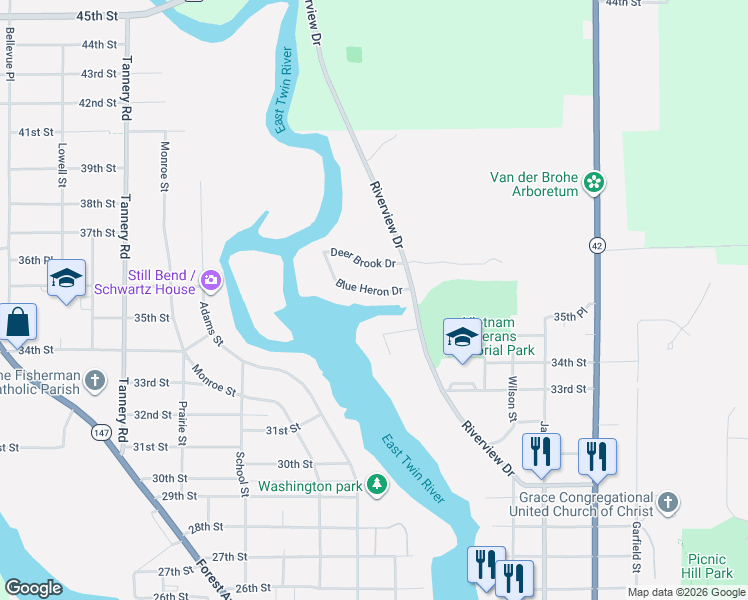 map of restaurants, bars, coffee shops, grocery stores, and more near 1436 Terrace Court in Two Rivers