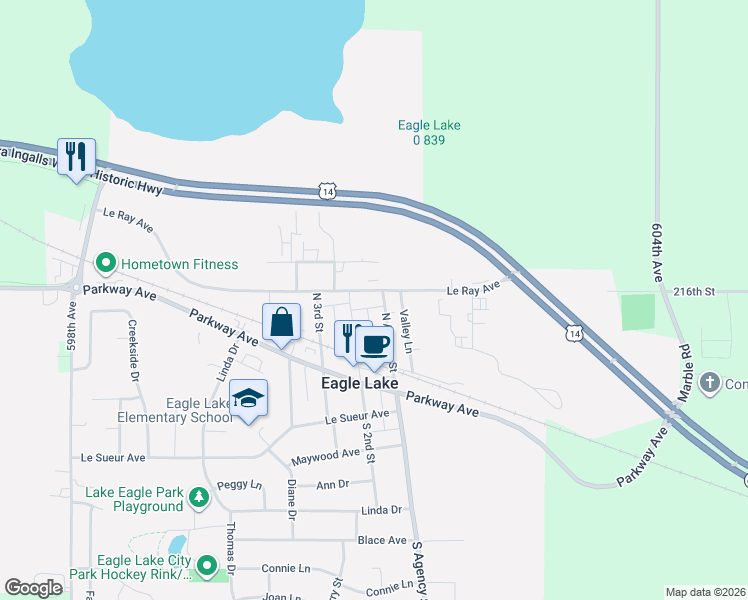 map of restaurants, bars, coffee shops, grocery stores, and more near 132 North Agency Street in Eagle Lake