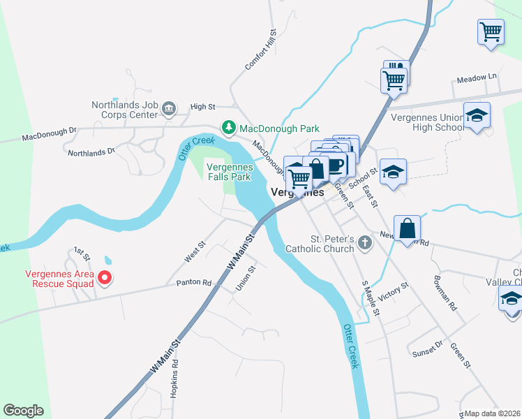 map of restaurants, bars, coffee shops, grocery stores, and more near 360 Main Street in Vergennes