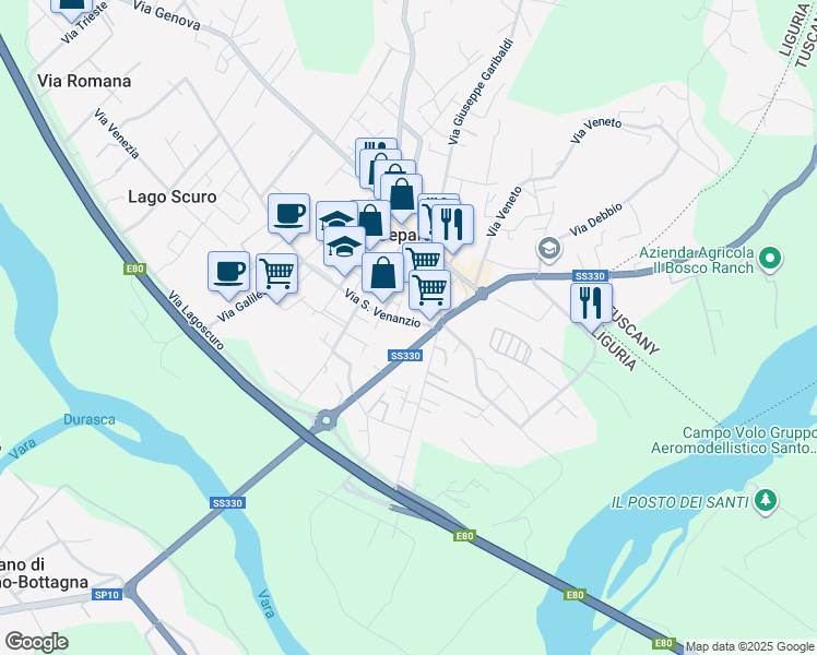 map of restaurants, bars, coffee shops, grocery stores, and more near 23 Via San Venanzio in Ceparana