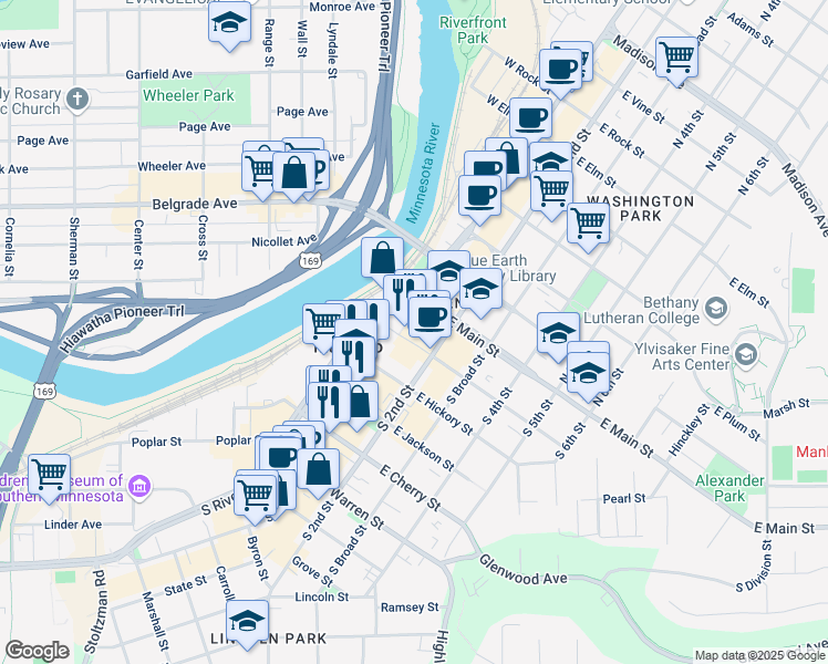 map of restaurants, bars, coffee shops, grocery stores, and more near 107 East Walnut Street in Mankato