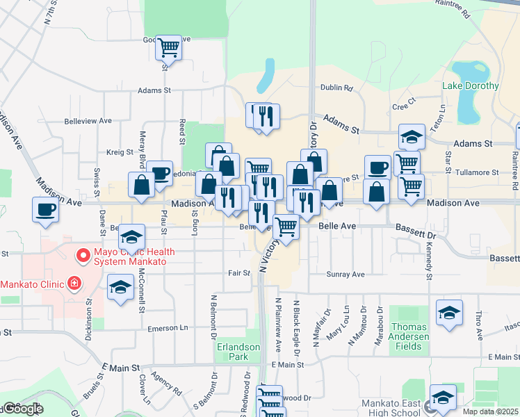 map of restaurants, bars, coffee shops, grocery stores, and more near 500-598 Belle Avenue in Mankato