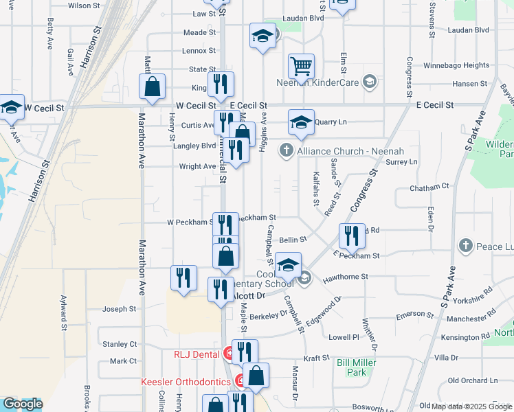 map of restaurants, bars, coffee shops, grocery stores, and more near 219 East Peckham Street in Neenah