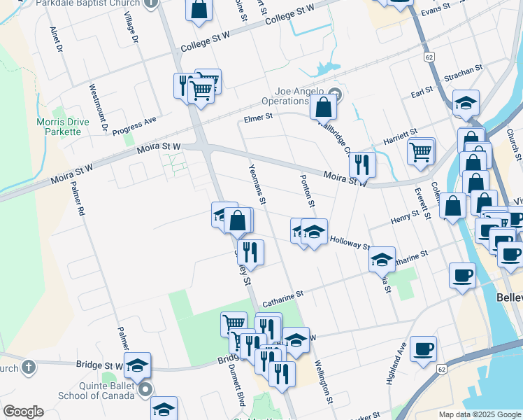 map of restaurants, bars, coffee shops, grocery stores, and more near Benjamin Street in Belleville