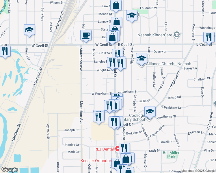 map of restaurants, bars, coffee shops, grocery stores, and more near 1233 South Commercial Street in Neenah