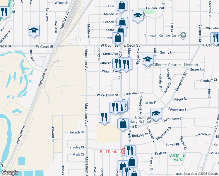 map of restaurants, bars, coffee shops, grocery stores, and more near 133 West Peckham Street in Neenah