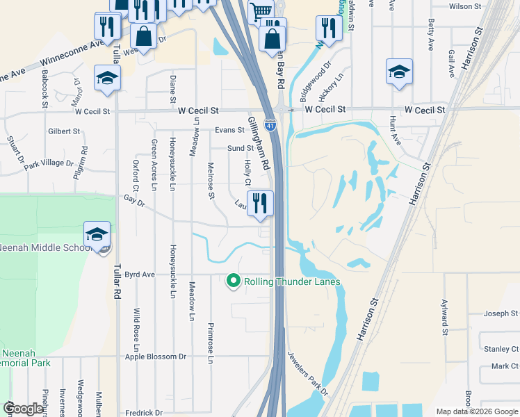 map of restaurants, bars, coffee shops, grocery stores, and more near 913 Gay Drive in Neenah
