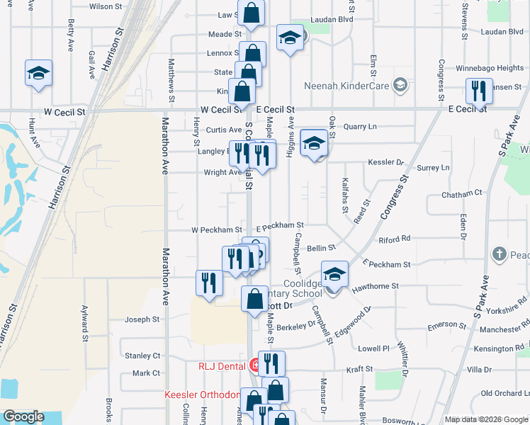 map of restaurants, bars, coffee shops, grocery stores, and more near 110 East Peckham Street in Neenah