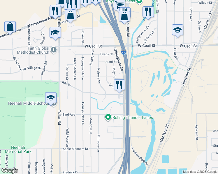 map of restaurants, bars, coffee shops, grocery stores, and more near 1096 Melrose Street in Neenah