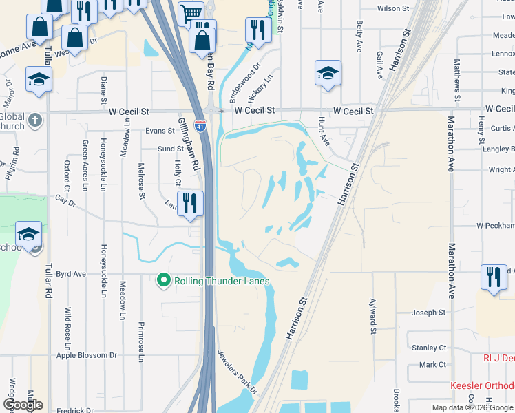map of restaurants, bars, coffee shops, grocery stores, and more near 1260 Cameron Circle in Neenah