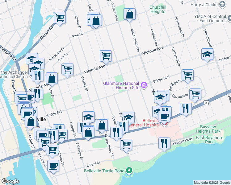 map of restaurants, bars, coffee shops, grocery stores, and more near 208 Bridge Street East in Belleville