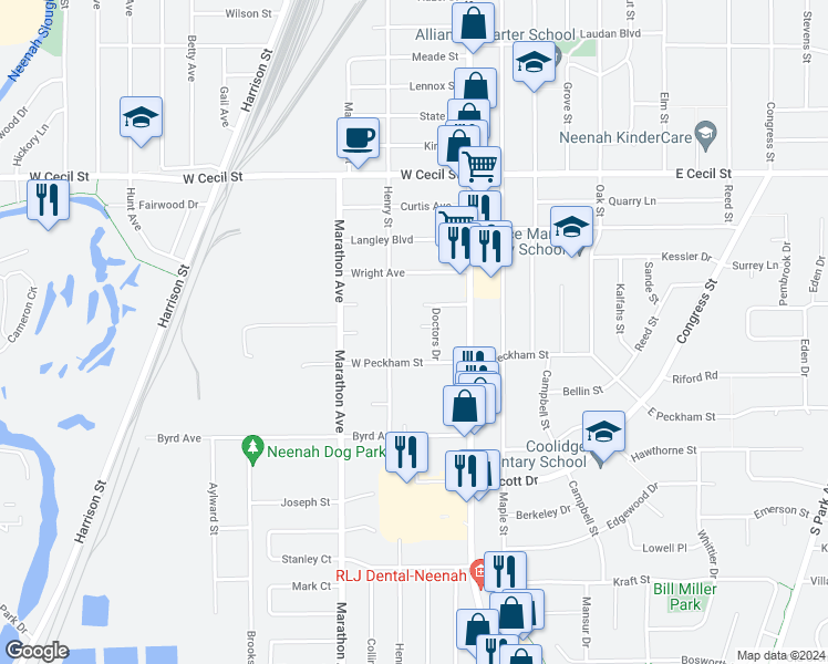 map of restaurants, bars, coffee shops, grocery stores, and more near 133 West Peckham Street in Neenah
