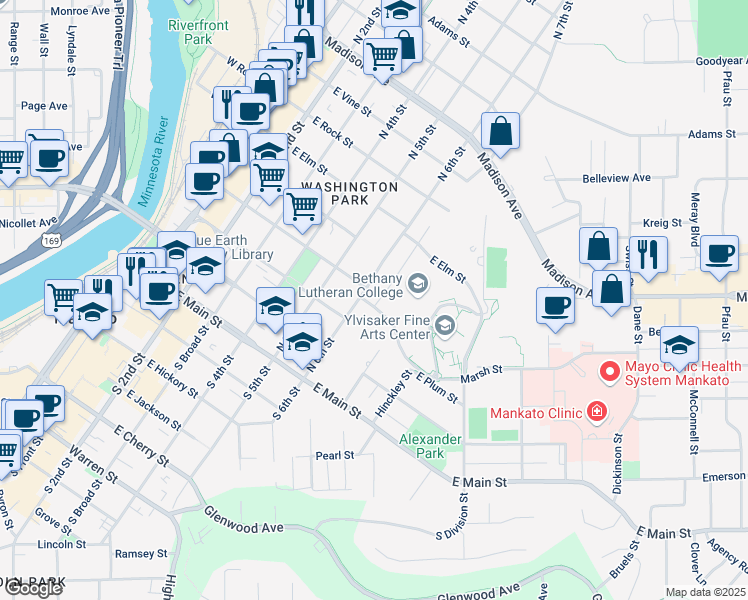 map of restaurants, bars, coffee shops, grocery stores, and more near 232 Crocus Place in Mankato