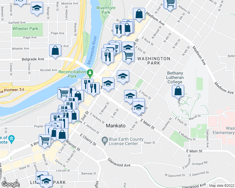 map of restaurants, bars, coffee shops, grocery stores, and more near 123 North Broad Street in Mankato