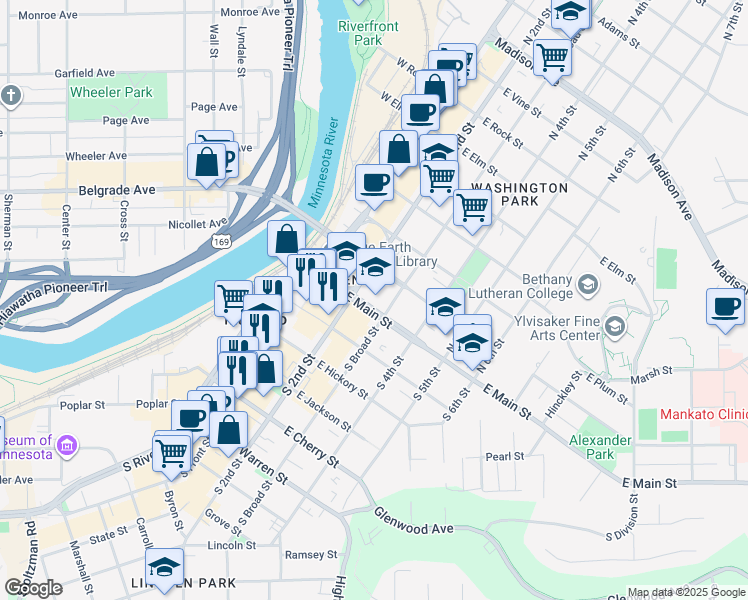 map of restaurants, bars, coffee shops, grocery stores, and more near 227 East Main Street in Mankato