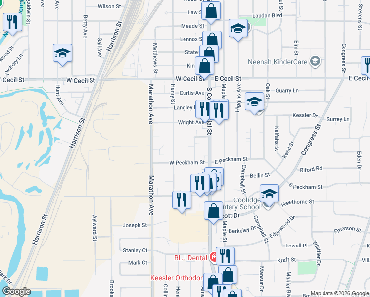 map of restaurants, bars, coffee shops, grocery stores, and more near 133 West Peckham Street in Neenah