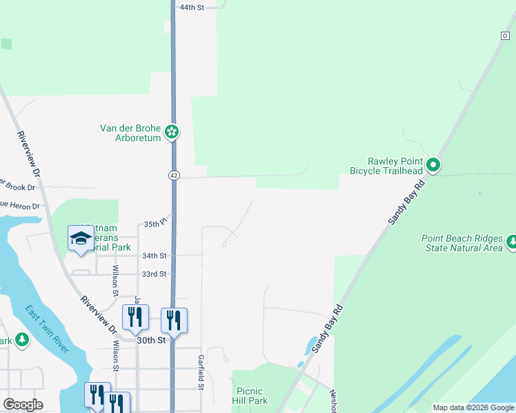 map of restaurants, bars, coffee shops, grocery stores, and more near 3618 Pierce Court in Two Rivers