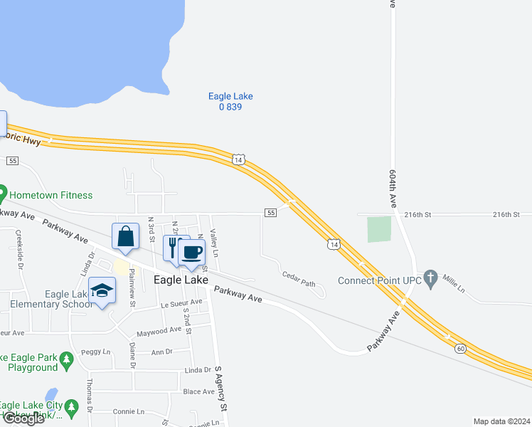 map of restaurants, bars, coffee shops, grocery stores, and more near 120 Le Ray Avenue in Eagle Lake