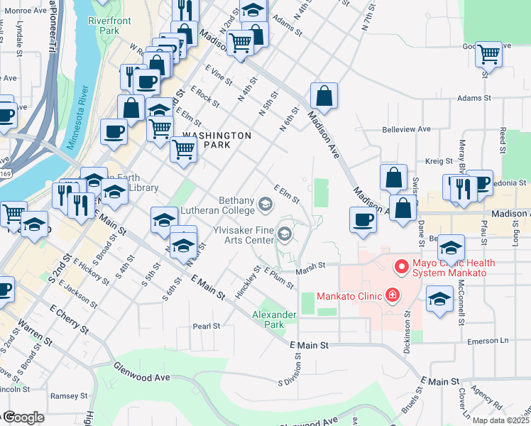 map of restaurants, bars, coffee shops, grocery stores, and more near 700 Luther Drive in Mankato