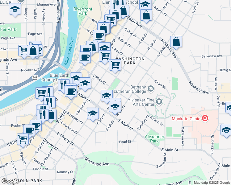 map of restaurants, bars, coffee shops, grocery stores, and more near 419 East Plum Street in Mankato