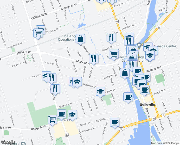 map of restaurants, bars, coffee shops, grocery stores, and more near 36 Hillside Street in Belleville