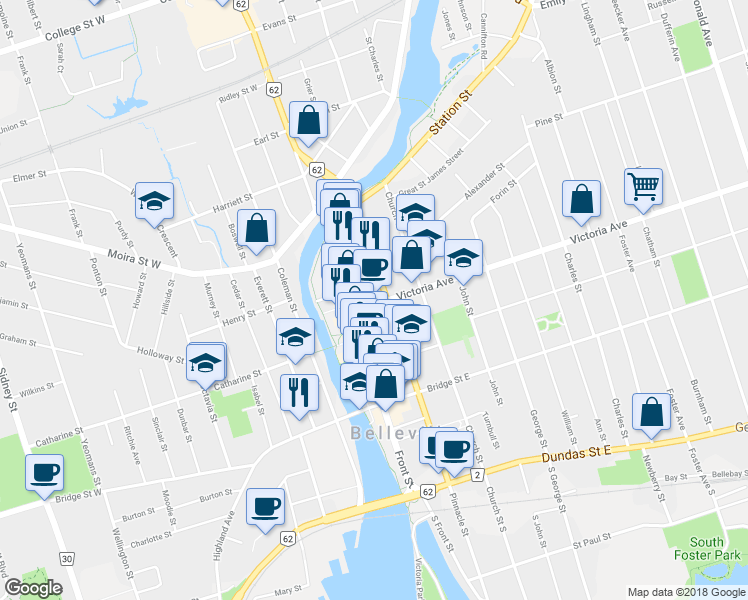 map of restaurants, bars, coffee shops, grocery stores, and more near 30 Victoria Avenue in Belleville