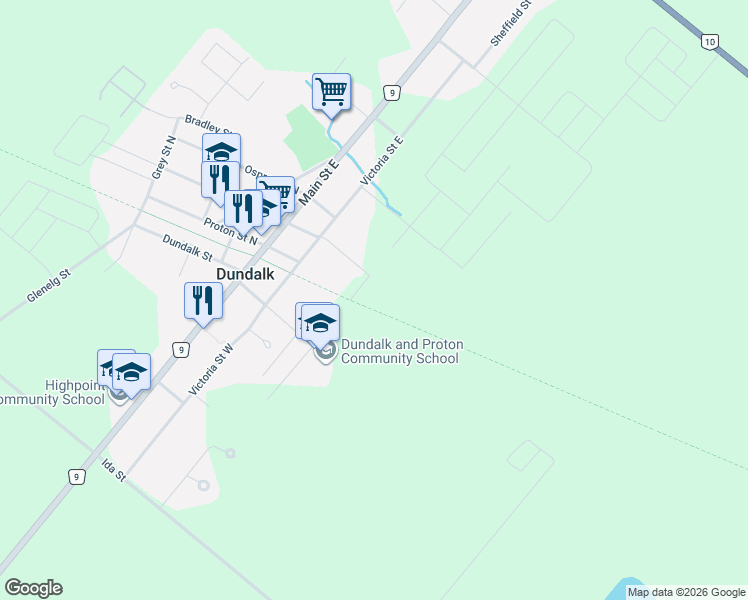 map of restaurants, bars, coffee shops, grocery stores, and more near 270 Hagan Street East in Dundalk