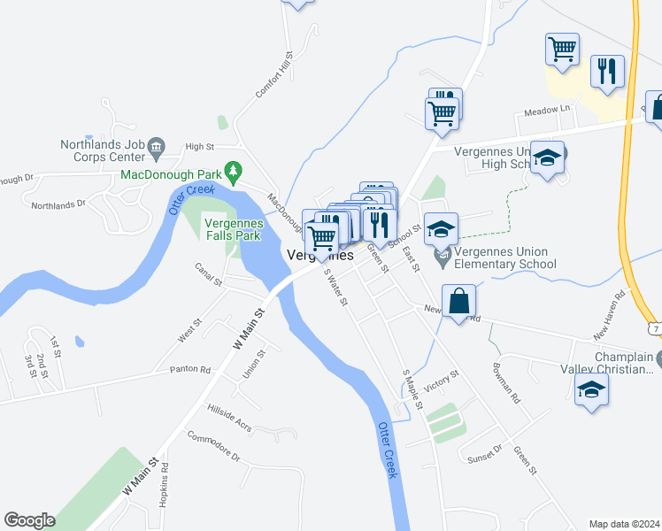 map of restaurants, bars, coffee shops, grocery stores, and more near in Vergennes