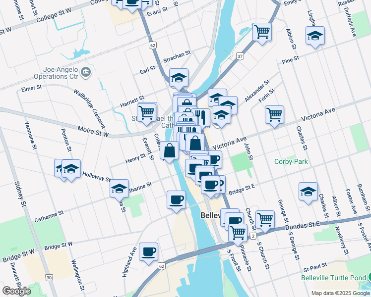 map of restaurants, bars, coffee shops, grocery stores, and more near 370 Front Street in Belleville