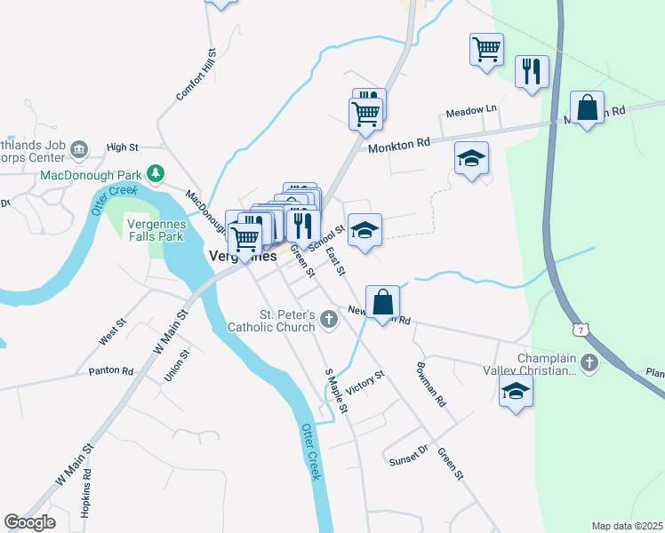 map of restaurants, bars, coffee shops, grocery stores, and more near 19 East Street in Vergennes