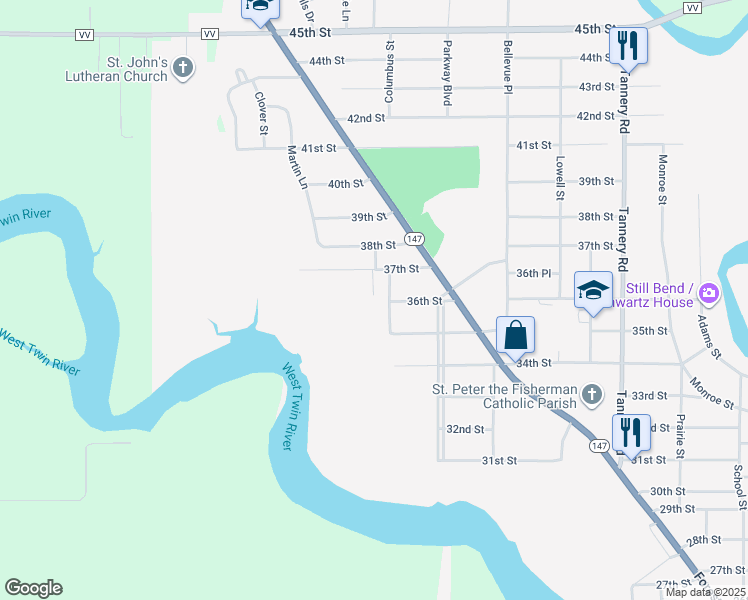 map of restaurants, bars, coffee shops, grocery stores, and more near 3616 North Court Street in Two Rivers