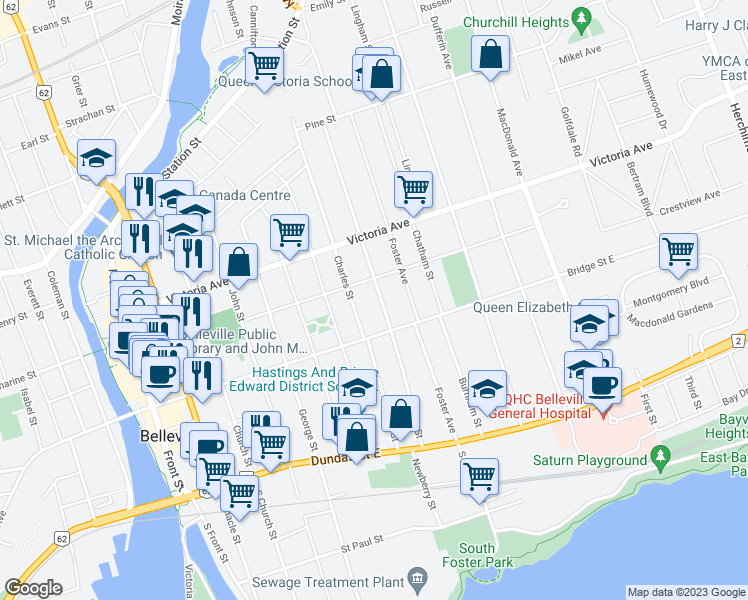 map of restaurants, bars, coffee shops, grocery stores, and more near 222 Albert Street in Belleville