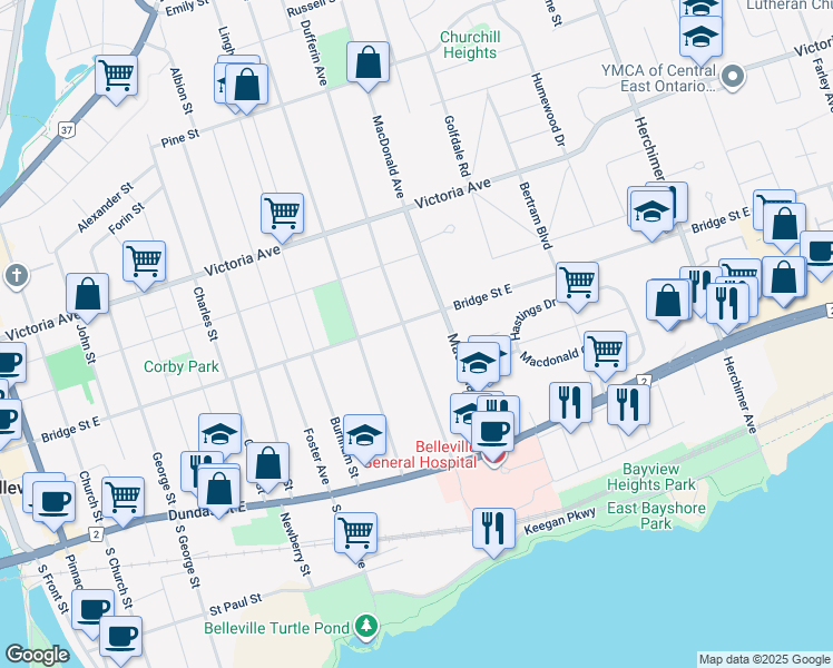 map of restaurants, bars, coffee shops, grocery stores, and more near 257 Bridge Street East in Belleville