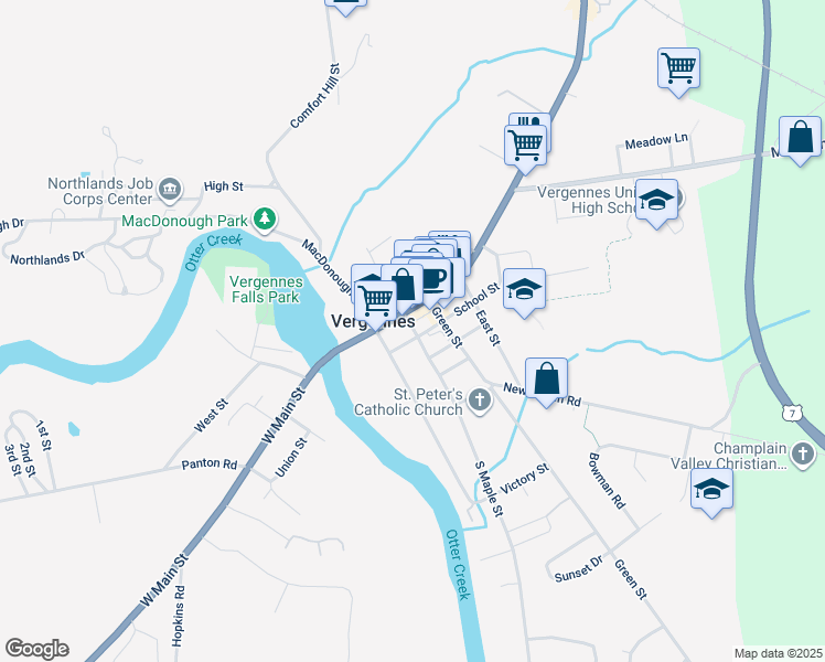map of restaurants, bars, coffee shops, grocery stores, and more near 219 Main Street in Vergennes