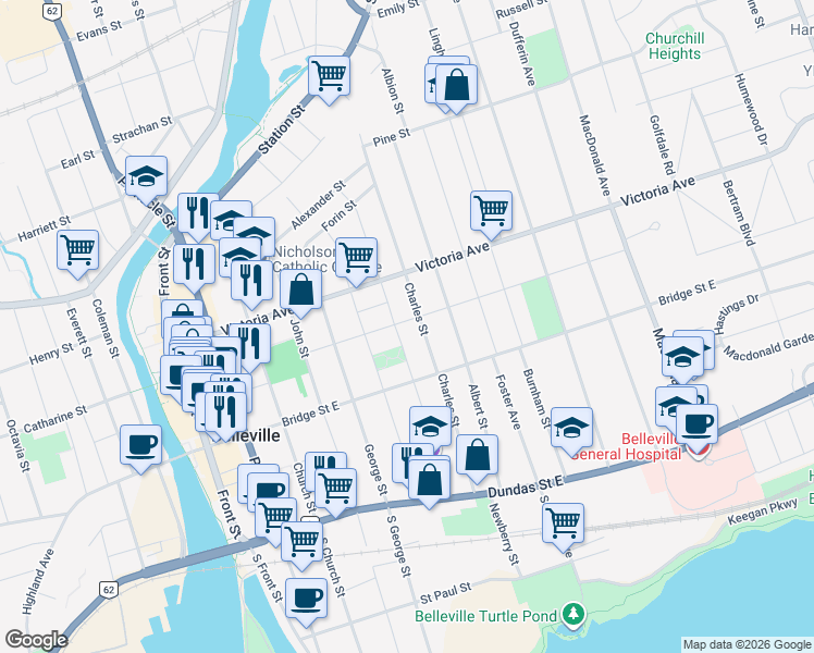 map of restaurants, bars, coffee shops, grocery stores, and more near 57 Queen Street in Belleville