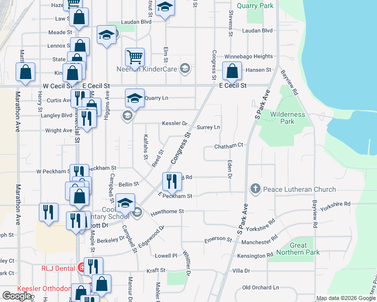 map of restaurants, bars, coffee shops, grocery stores, and more near 1010 Congress Street in Neenah