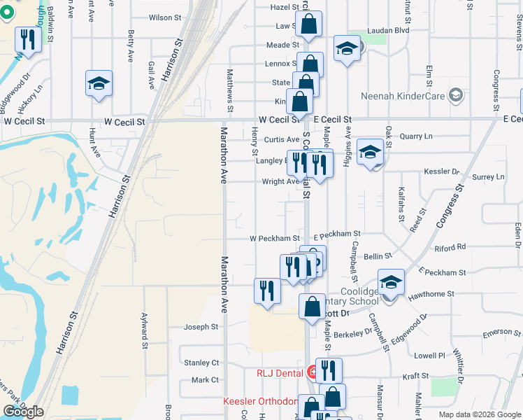 map of restaurants, bars, coffee shops, grocery stores, and more near 115 Professional Plaza in Neenah