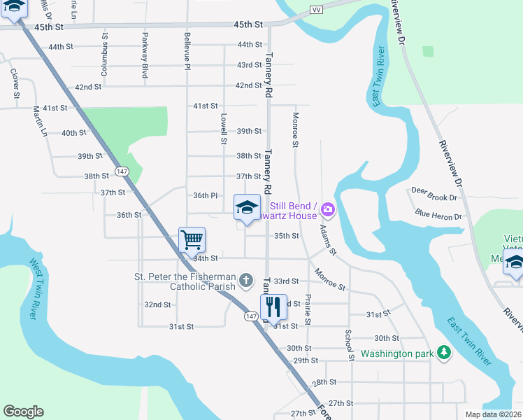 map of restaurants, bars, coffee shops, grocery stores, and more near 3612 Tannery Road in Two Rivers
