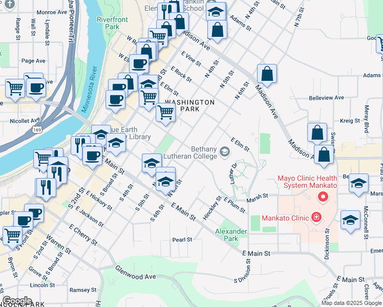 map of restaurants, bars, coffee shops, grocery stores, and more near 329 North 5th Street in Mankato