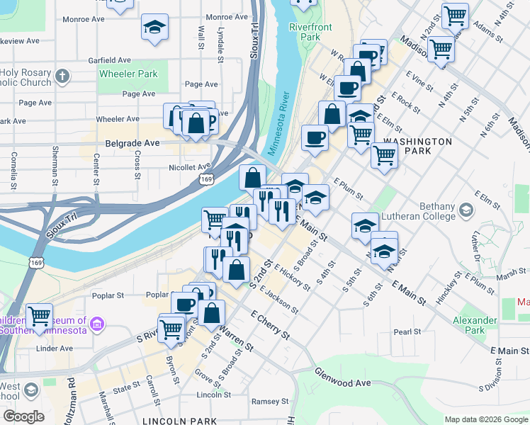 map of restaurants, bars, coffee shops, grocery stores, and more near 115 South Riverfront Drive in Mankato
